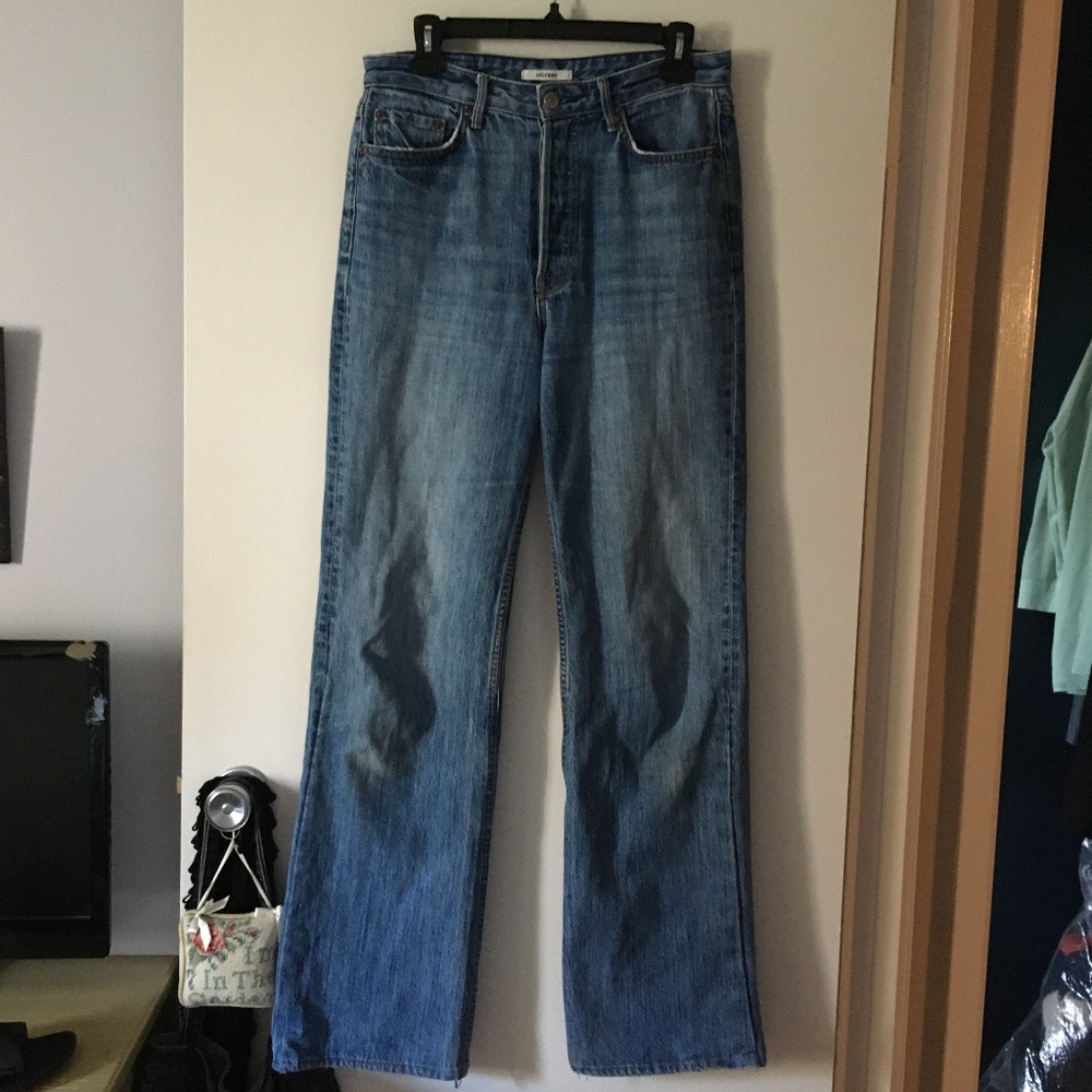 GRLFRND High-Rise Wide Leg Flare Jeans in Medium Blue - Picture 7 of 11